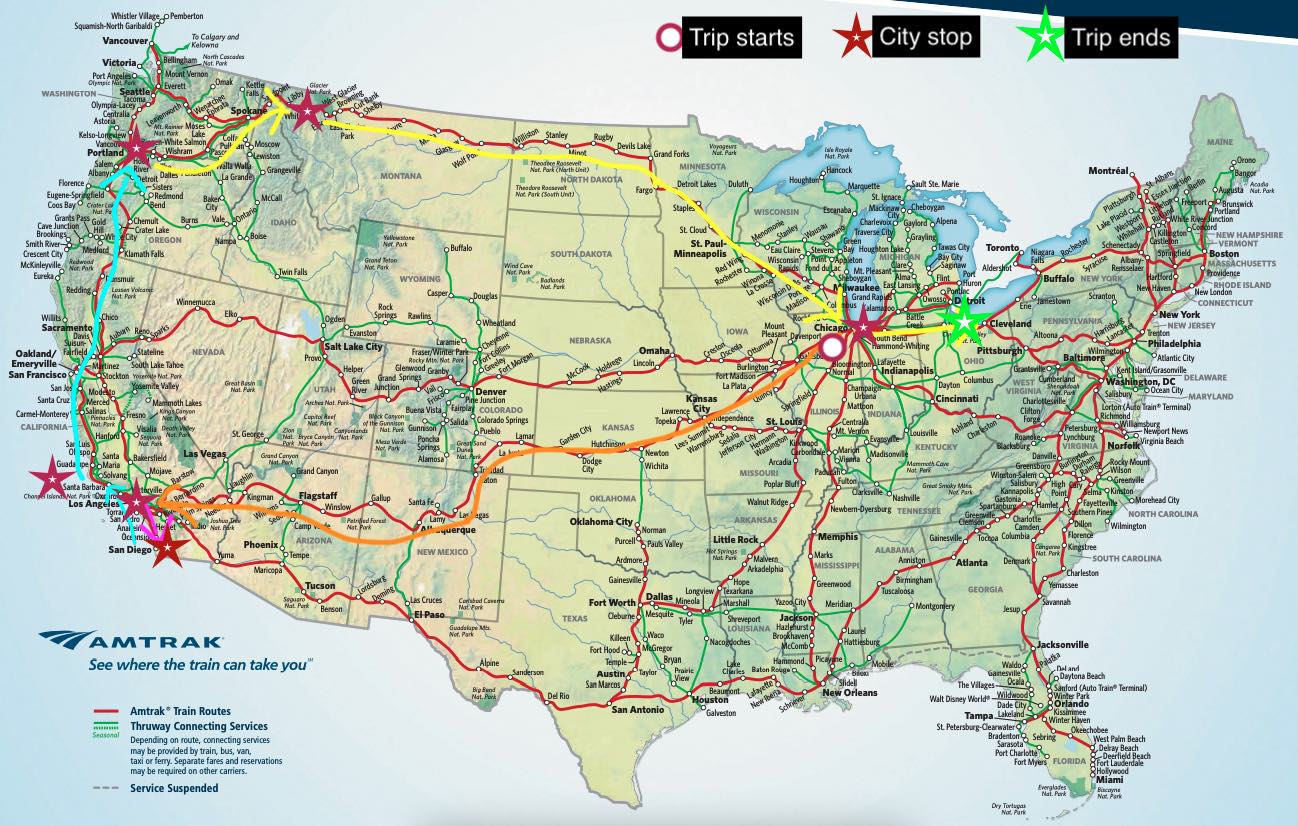 A map of America's train routes, with highlights that show my purported route around the country.