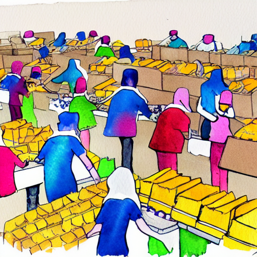 Watercolor portrait of people helping other people in a large warehouse